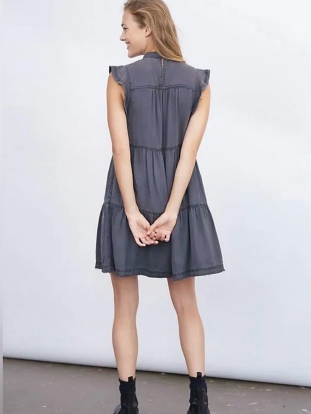 Anthropologie Washed Charcoal Tiered Mini Dress Size M - Picture 2 of 6
